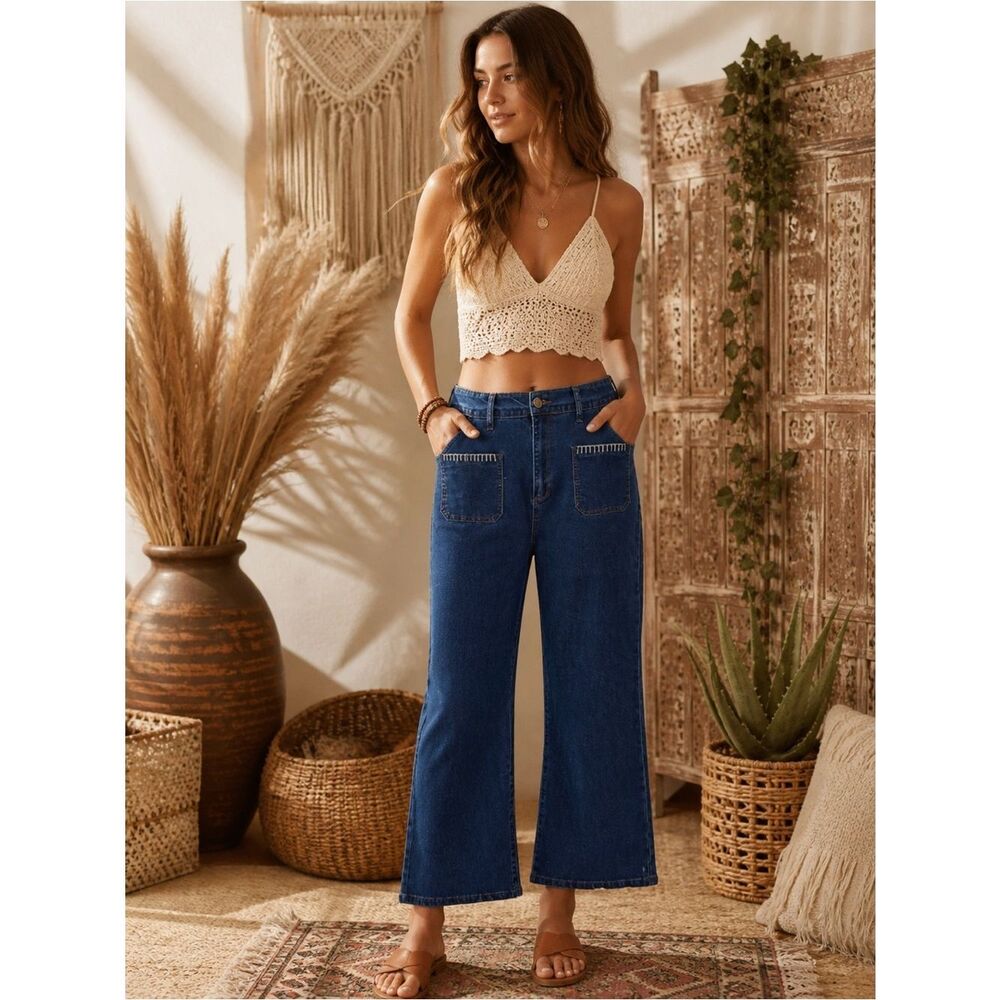 Lovelo Dark Blue Women's Flare Jeans with Whip Stitch Pocket Detail